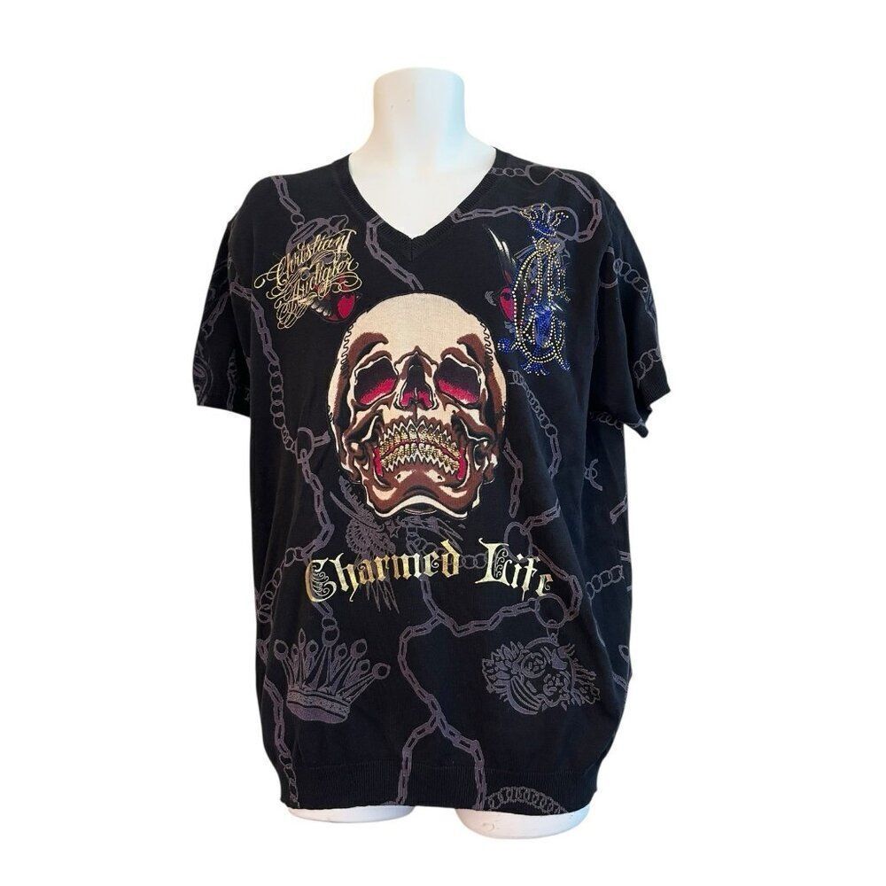 Christian Audigier Xxl Short Sleeve Sweater Charmed Life Rhinestone Skull Crown